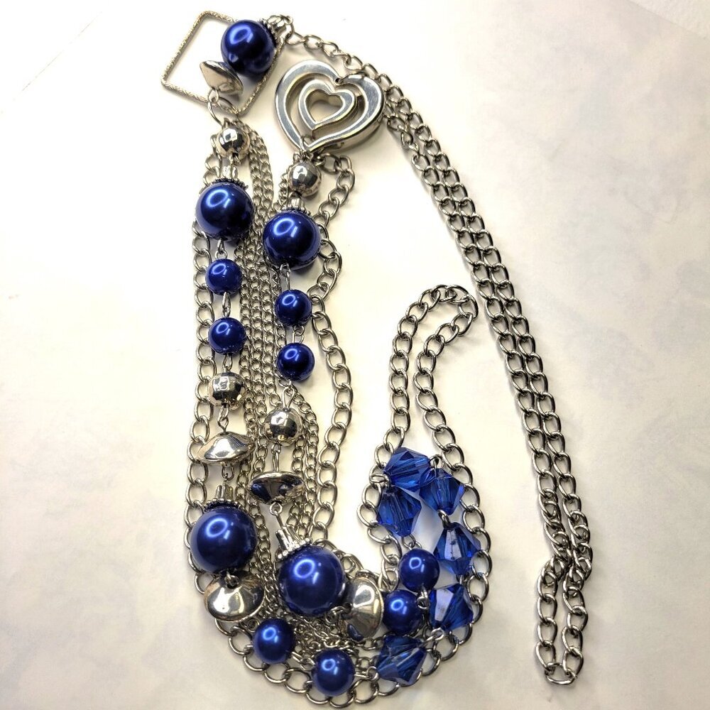 Multistrand Blue Silver Long Necklace